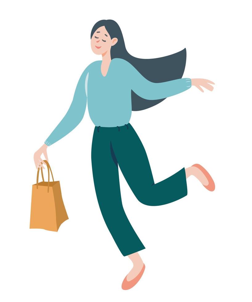 donna sorridente con la borsa della spesa nelle sue mani. concetto di pubblicità di vendita. vettore