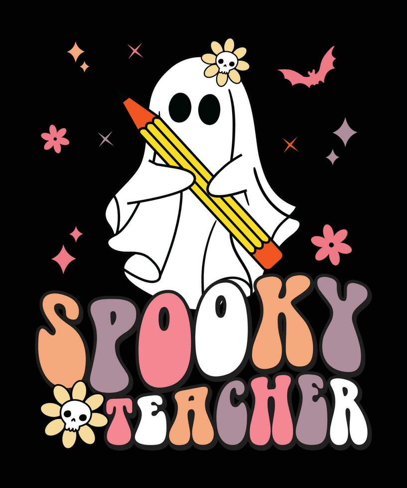 spaventoso insegnante divertente Halloween camicia Stampa modello leggere Di Più libri fantasma fischio strega matita pipistrello cranio stella floreale vettore