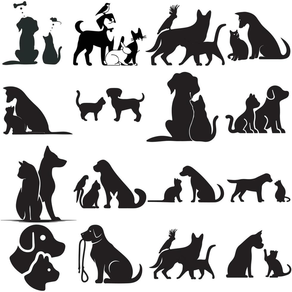un' grande gruppo di gatti e cani, silhouette illustrazione vettore