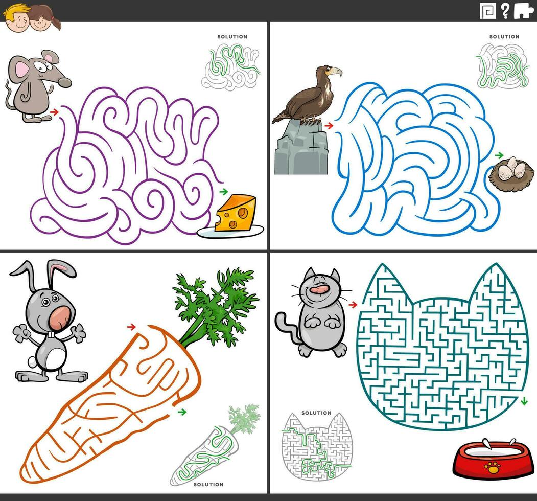labirinto attività Giochi impostato con cartone animato animale personaggi vettore