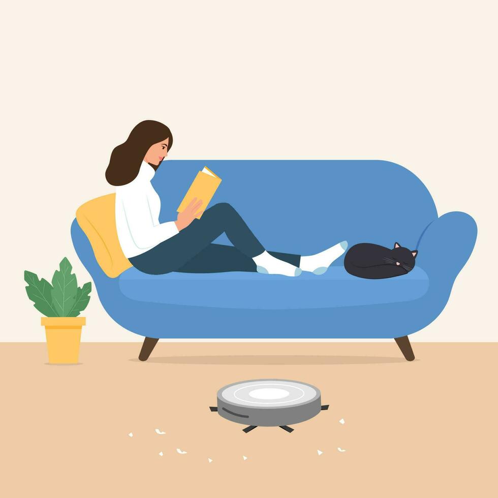 pulizia robot pulisce pavimento nel camera mentre un' donna è riposo e lettura un' libro. moderno senza fili attrezzatura per pulizia il appartamento.pulizia concetto.vettore illustrazione vettore