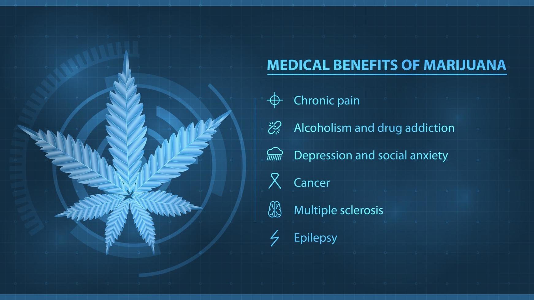 benefici medici della marijuana poster digitale scuro e blu con infografica e silhouette di foglia di cannabis per gli usi di benefici del sito Web della marijuana medica vettore
