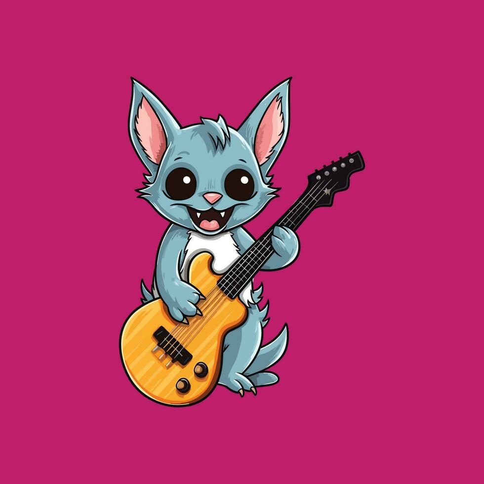 carino cartone animato stile pipistrello giocando un elettrico chitarra vettore