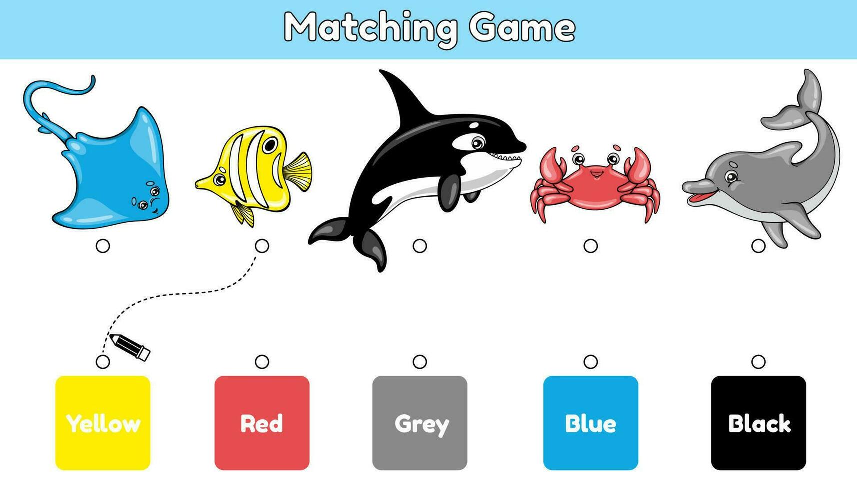 accoppiamento bambini educativo gioco. incontro mare animali e colori. compito per prescolastico e scuola bambini. sviluppo attività libro. cartone animato carino vettore razza, pesce, orca, Granchio e delfino.