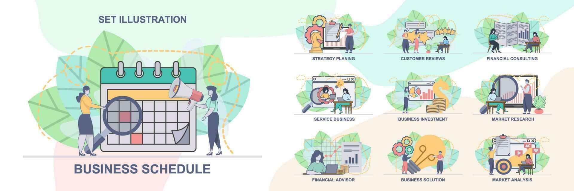 impostato di ragnatela pagina design modelli per attività commerciale gestione, mercato ricerca. attività commerciale orario, mercato analisi ragnatela pagina composizione con persone personaggi. moderno vettore illustrazione concetti