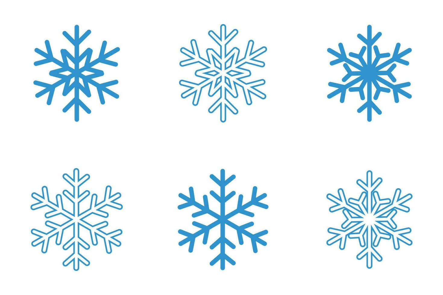 i fiocchi di neve icona impostato al di sopra di bianca sfondo, piatto stile, vettore illustrazione. 6 fiocco di neve icona nel morbido cielo blu colore. adatto per Natale disegno, inverno stagione, eccetera