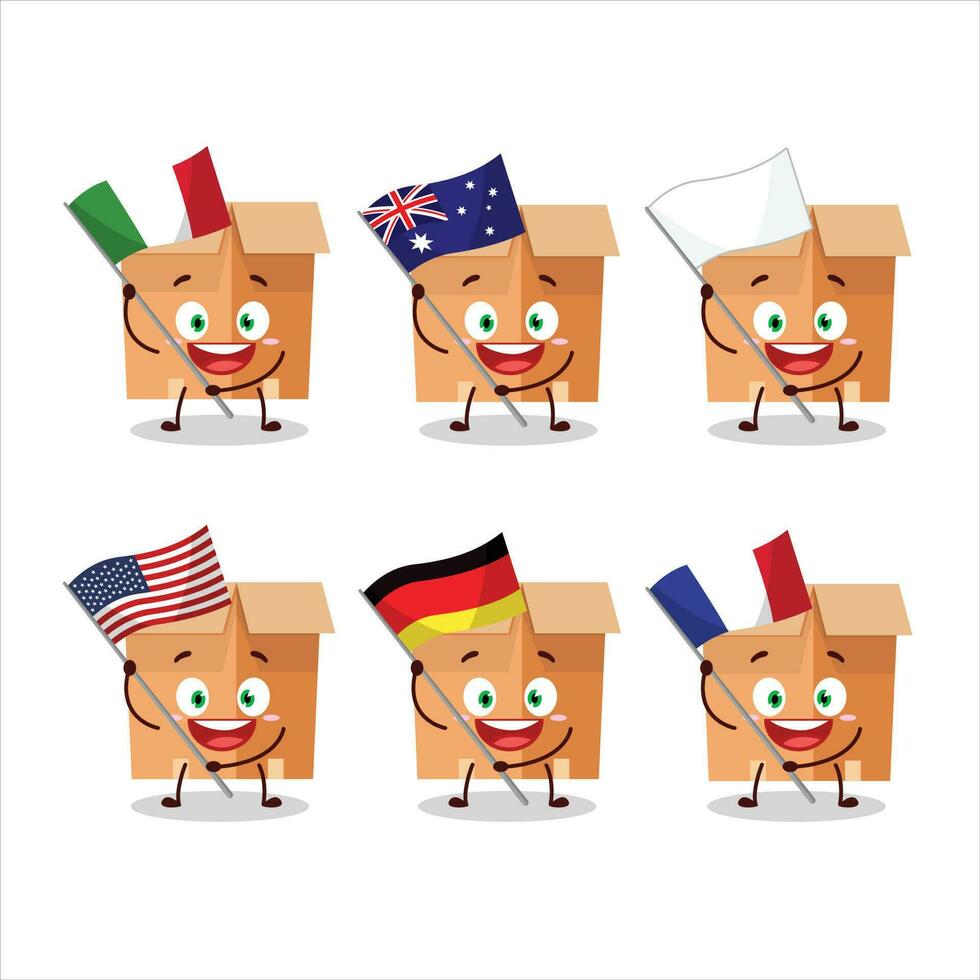 ufficio scatole cartone animato personaggio portare il bandiere di vario paesi vettore