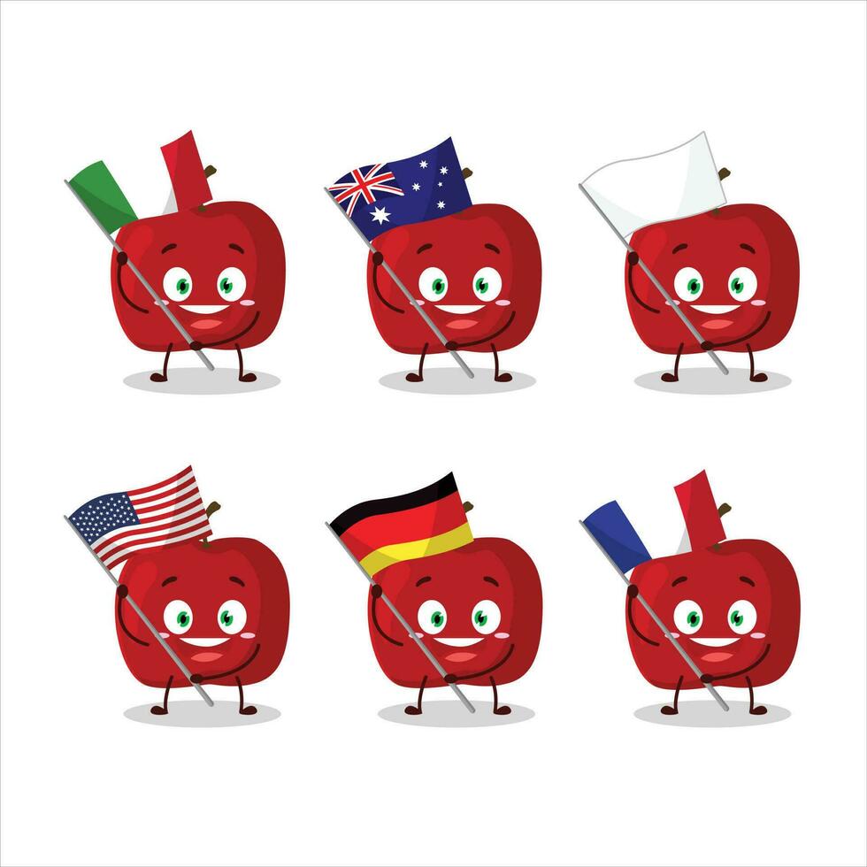 rosso Mela cartone animato personaggio portare il bandiere di vario paesi vettore