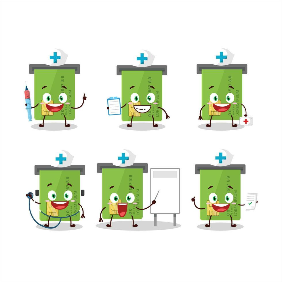 medico professione emoticon con ATM carta fessura cartone animato personaggio vettore