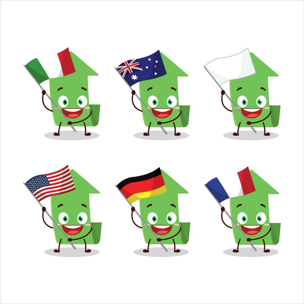 freccia su cartone animato personaggio portare il bandiere di vario paesi vettore