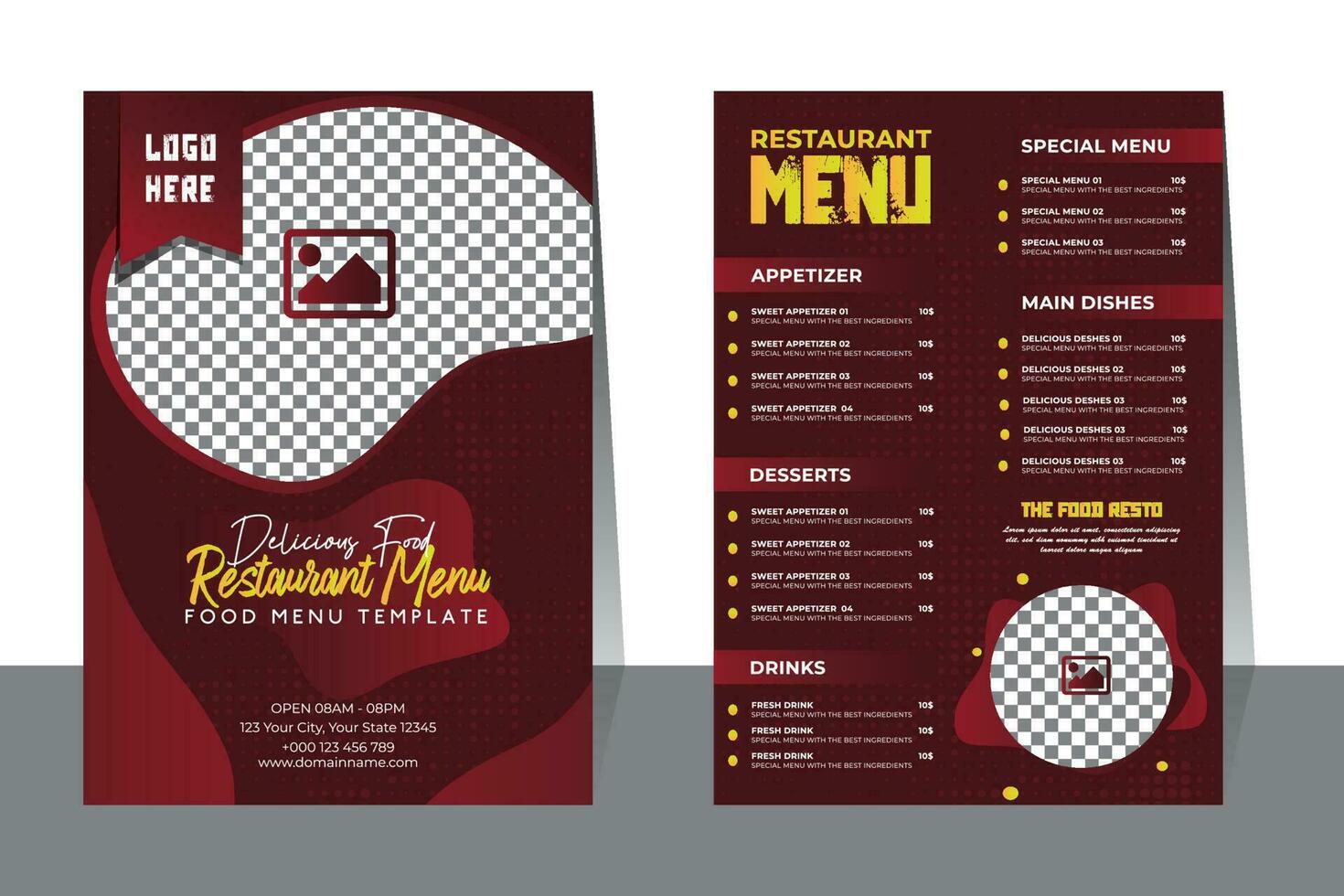 ristorante bar menù, modello design. cibo flyer.fast cibo ristorante menù sociale media marketing ragnatela bandiera modello design. Pizza, hamburger e salutare cibo attività commerciale in linea promozione aviatore vettore