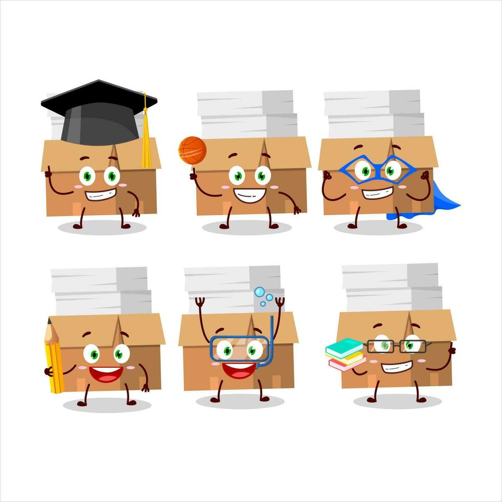 scuola alunno di ufficio scatole con carta cartone animato personaggio con vario espressioni vettore