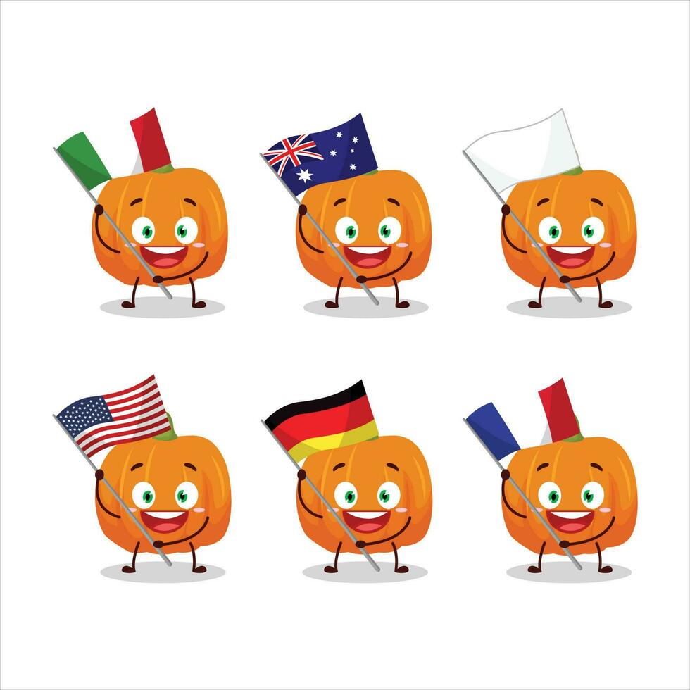 arancia zucca cartone animato personaggio portare il bandiere di vario paesi vettore