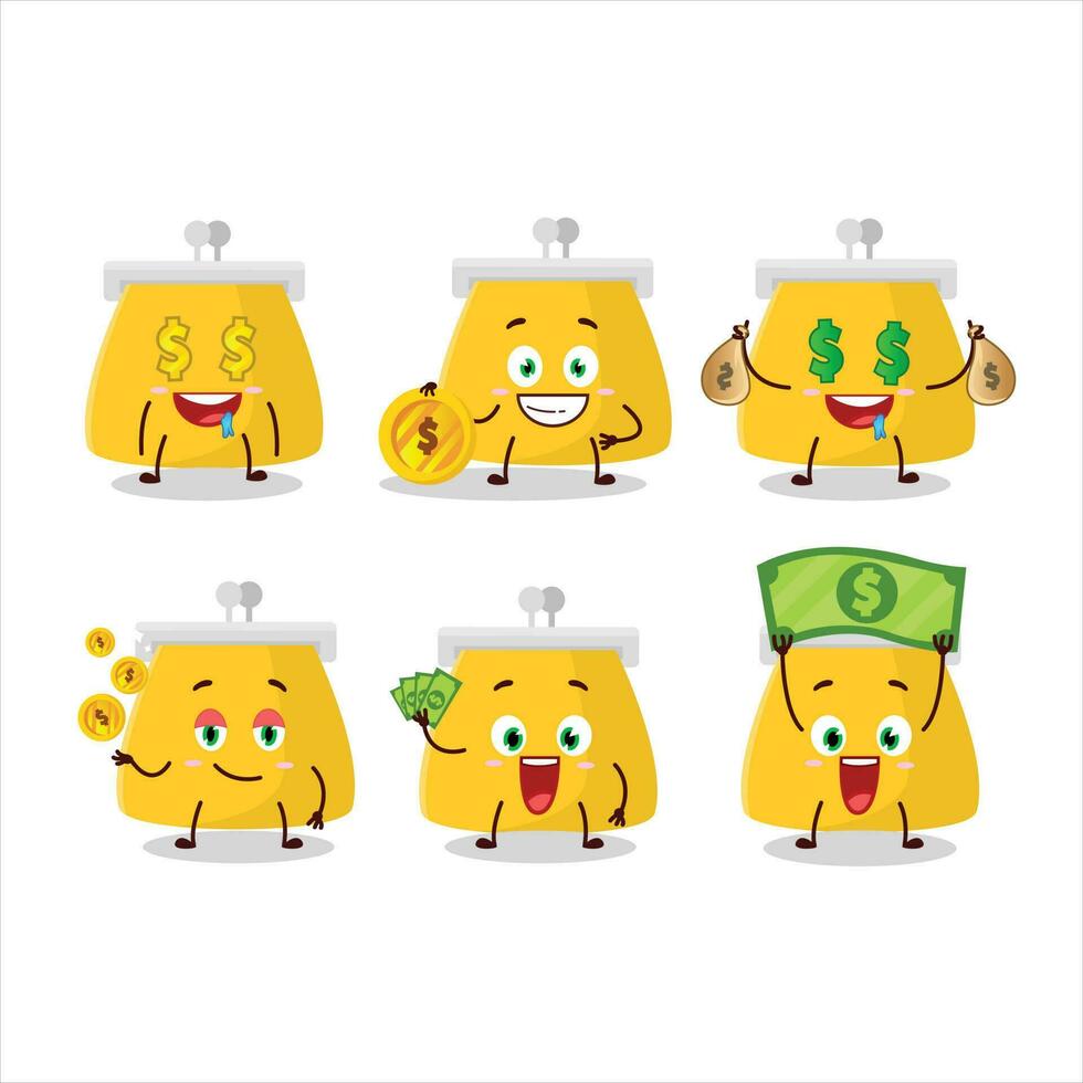 moneta borsa cartone animato personaggio con carino emoticon portare i soldi vettore