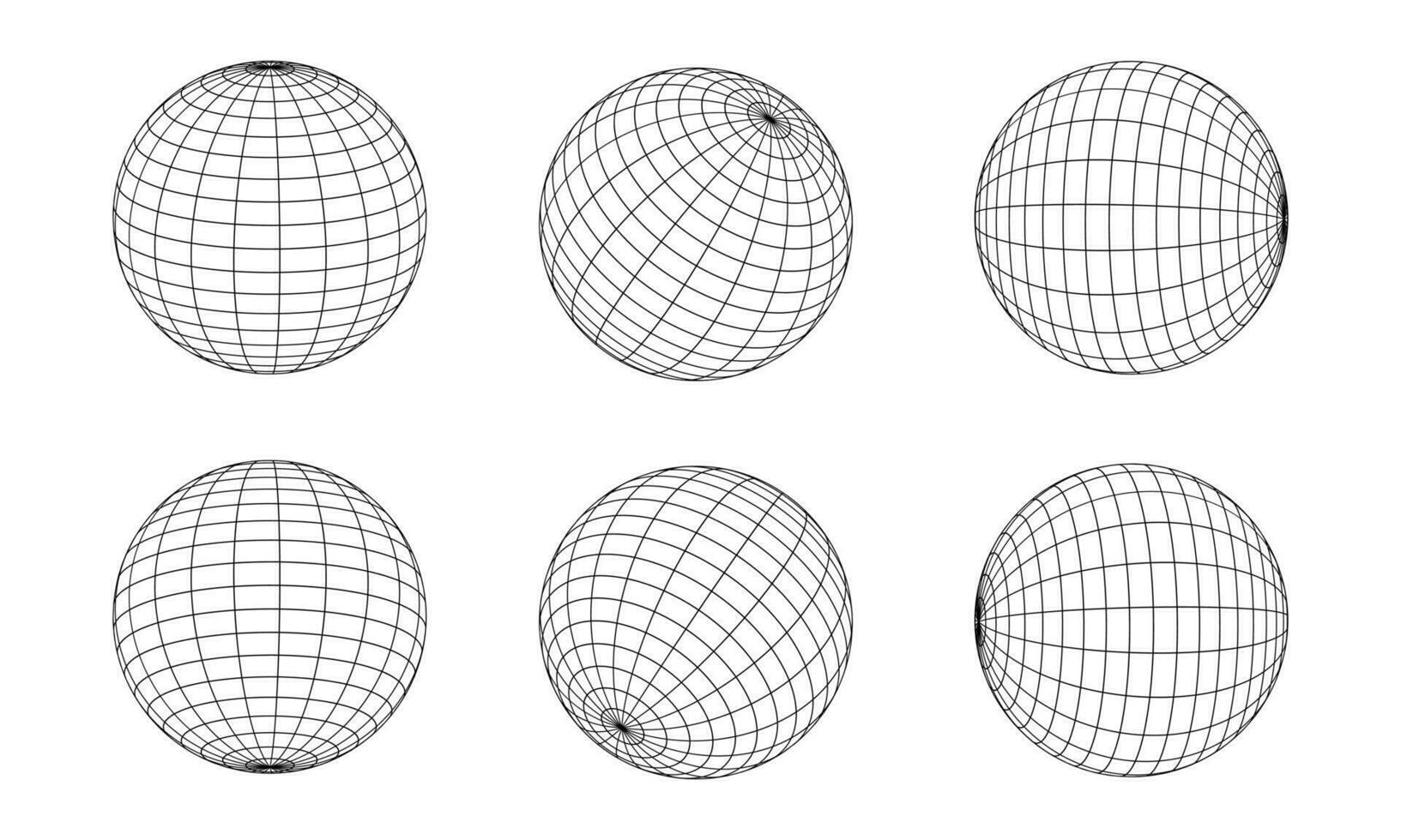 3d wireframe sfera collezione. globo o palla nel cerchio netto filo. retrò futuristico estetico. geometria wireframe forme griglia. cyberpunk elementi nel di moda psichedelico delirio stile vettore