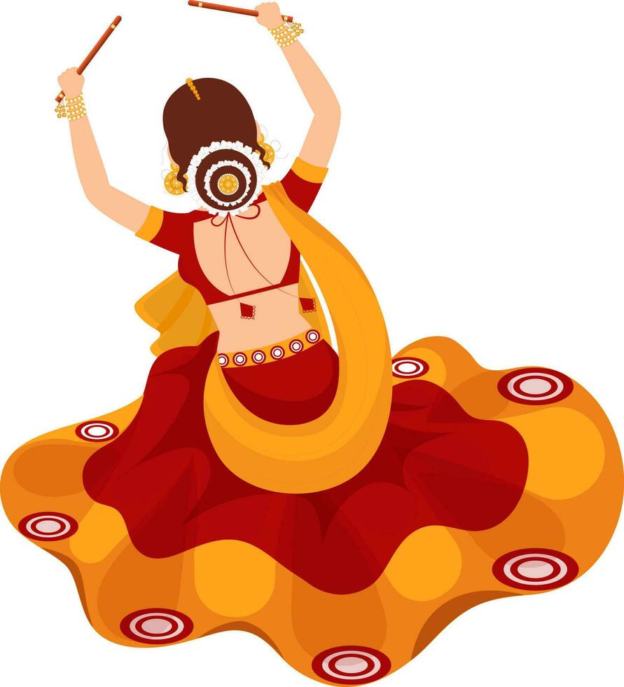 indietro Visualizza di indiano giovane donna fare dandiya danza nel tradizionale abbigliamento su bianca sfondo. vettore