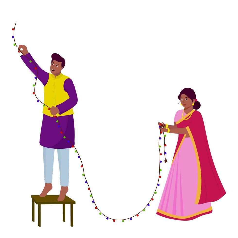 indiano coppia decorazione a partire dal illuminazione ghirlanda su bianca sfondo. vettore