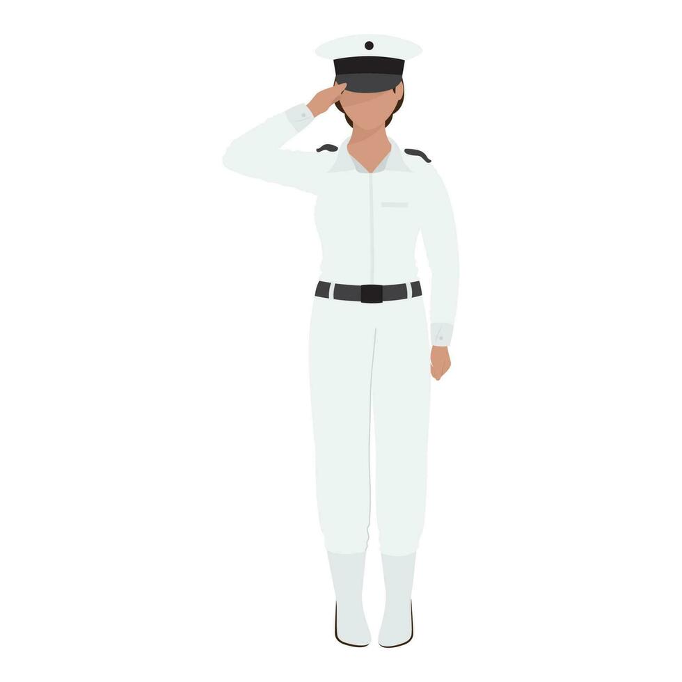 senza volto Marina Militare femmina ufficiale salutando su bianca sfondo. vettore