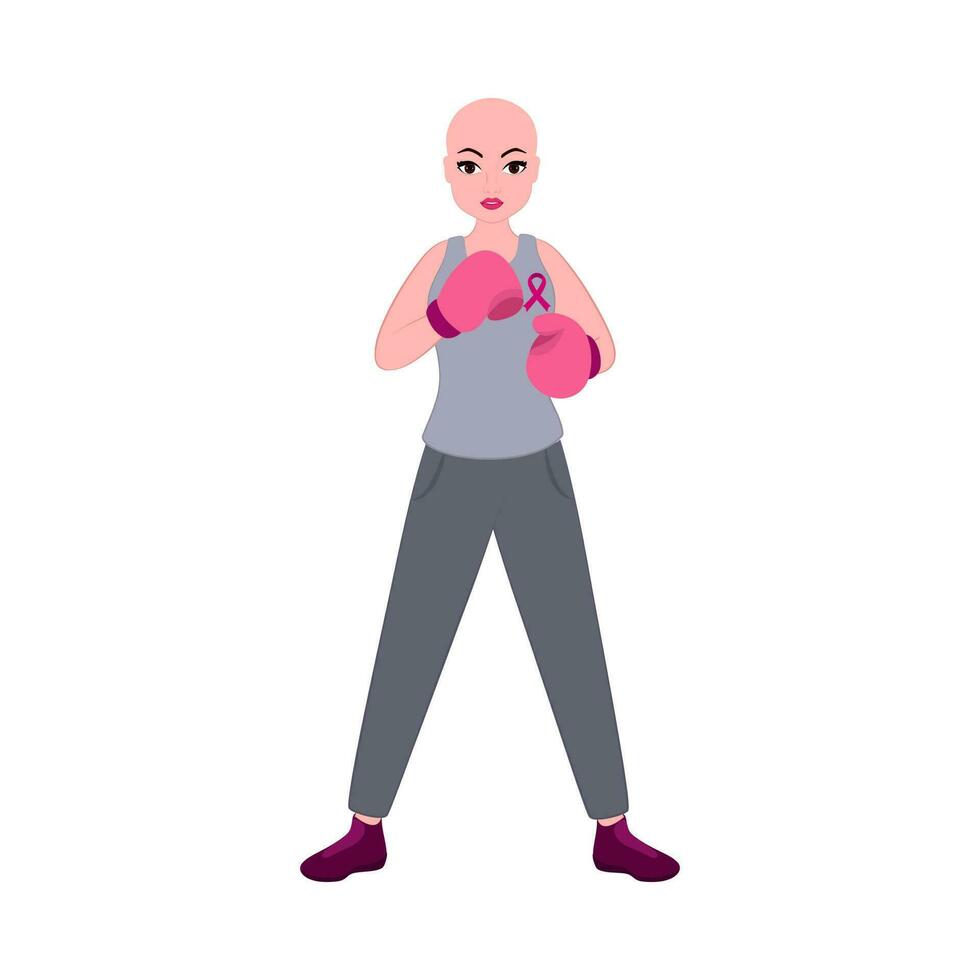 Calvo femmina pugile personaggio in piedi con rosa attraversare nastro su bianca sfondo per Seno cancro. vettore