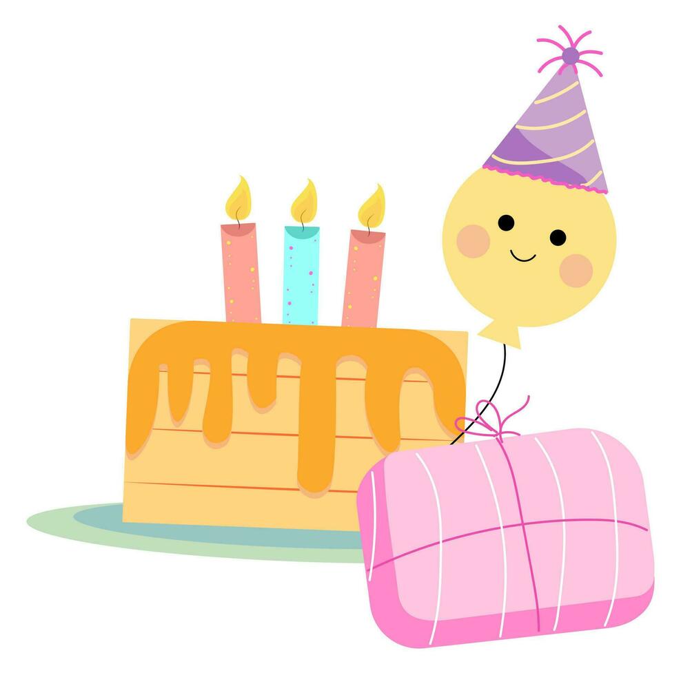festa cappello indossare smiley cartone animato Palloncino con compleanno torta e regalo scatola etichetta. vettore