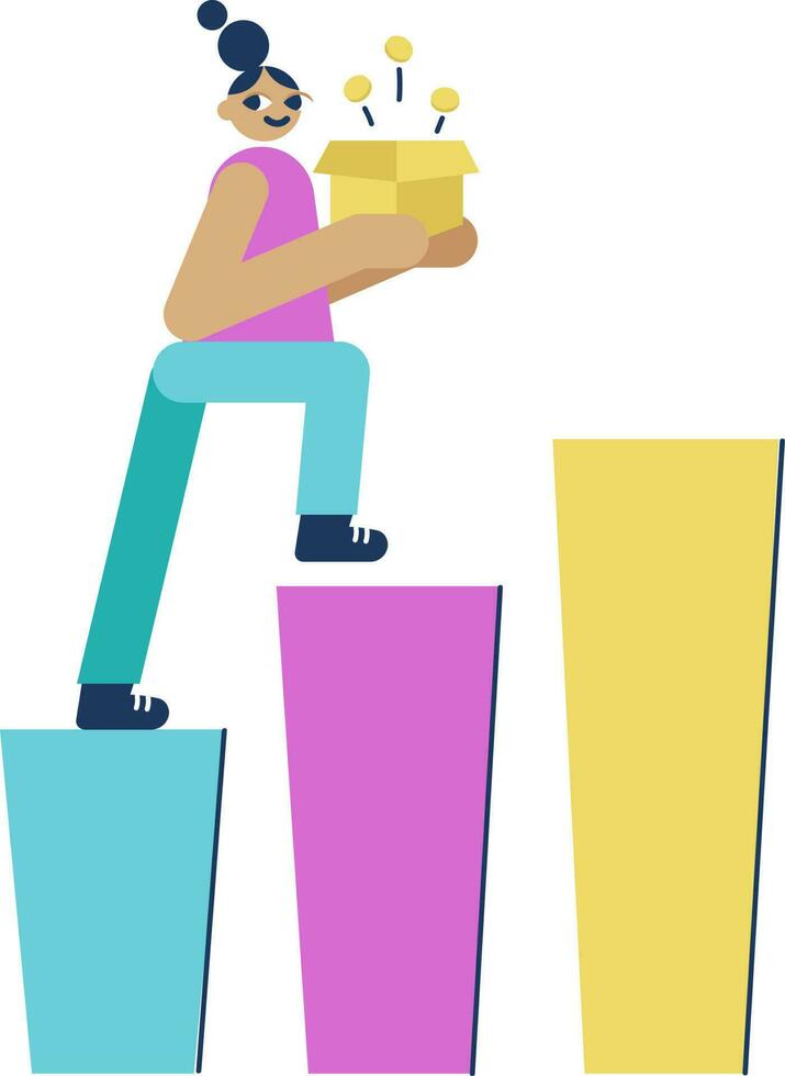 cartone animato donna Tenere finanziario scatola su colorato bar grafico. vettore
