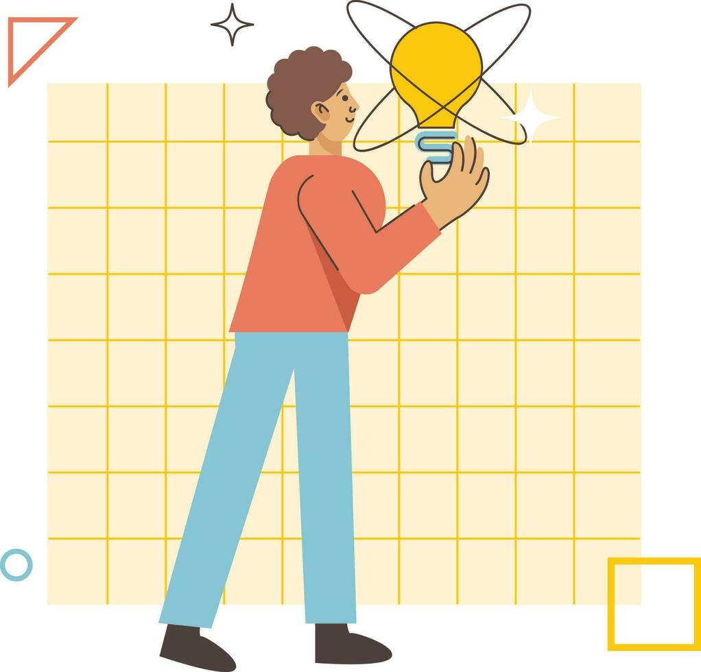 vettore illustrazione di cartone animato uomo Tenere leggero lampadina su griglia modello sfondo per attività commerciale idea concetto.