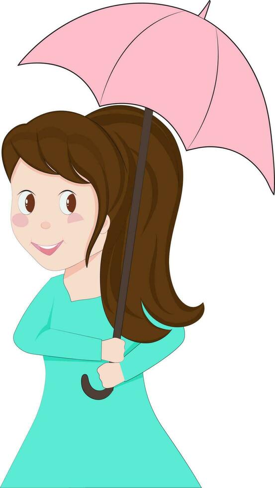 carino poco ragazza Tenere rosa ombrello al di sopra di bianca sfondo. vettore