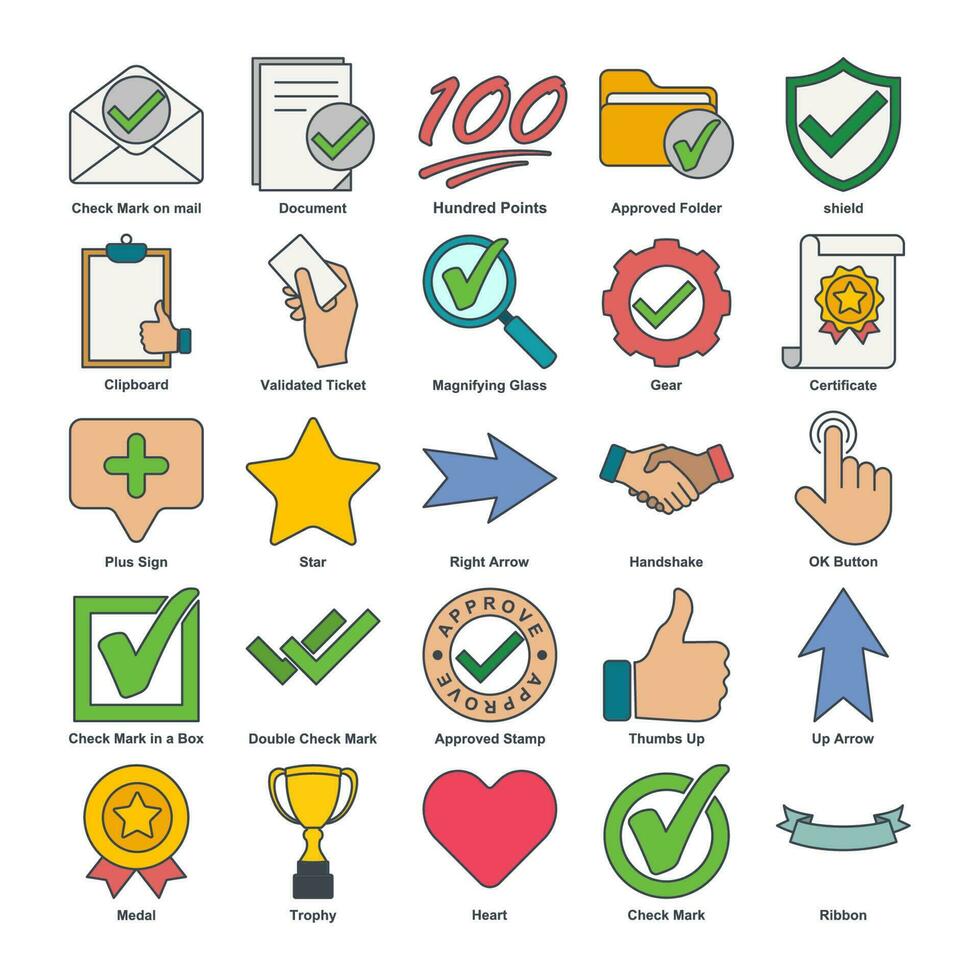 approvare elementi colore impostato icona simbolo modello per grafico e ragnatela design collezione. sicurezza, approvazione, certificato, certificazione, posta e Di Più logo vettore illustrazione