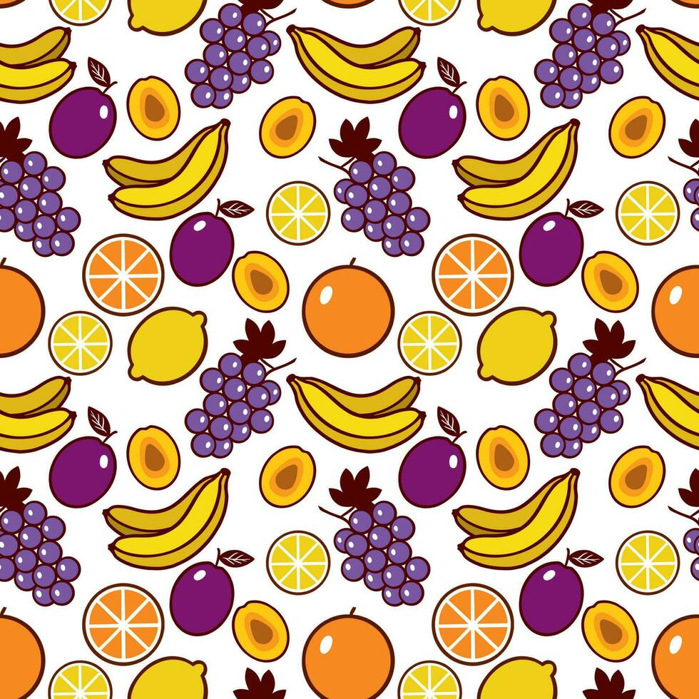 uva, banane, limoni, arance, prugne. senza soluzione di continuità vettore modello con frutta. design di tessili, Abiti, copertine, involucro carta.