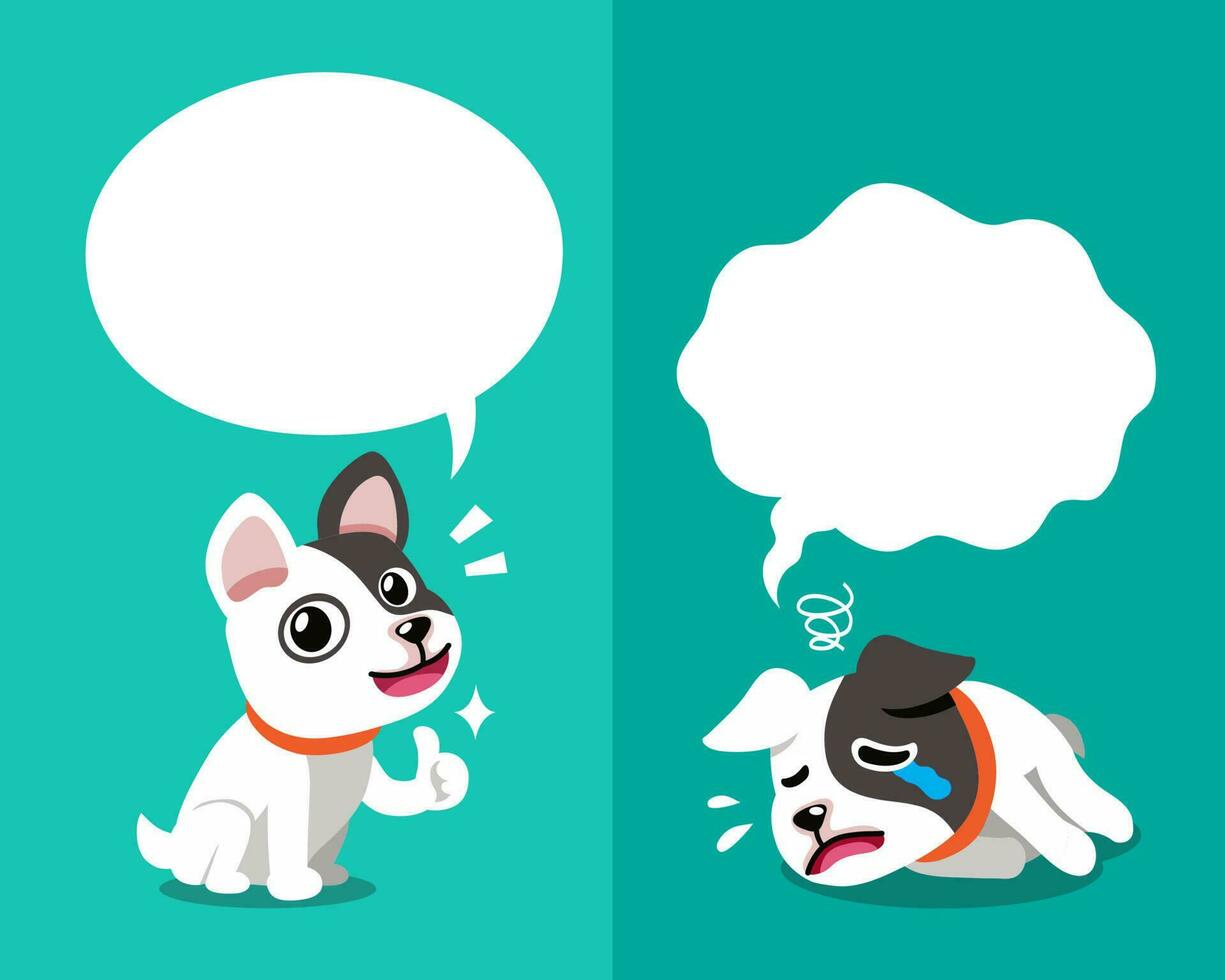 vettore cartone animato personaggio francese bulldog esprimendo diverso emozioni con discorso bolle