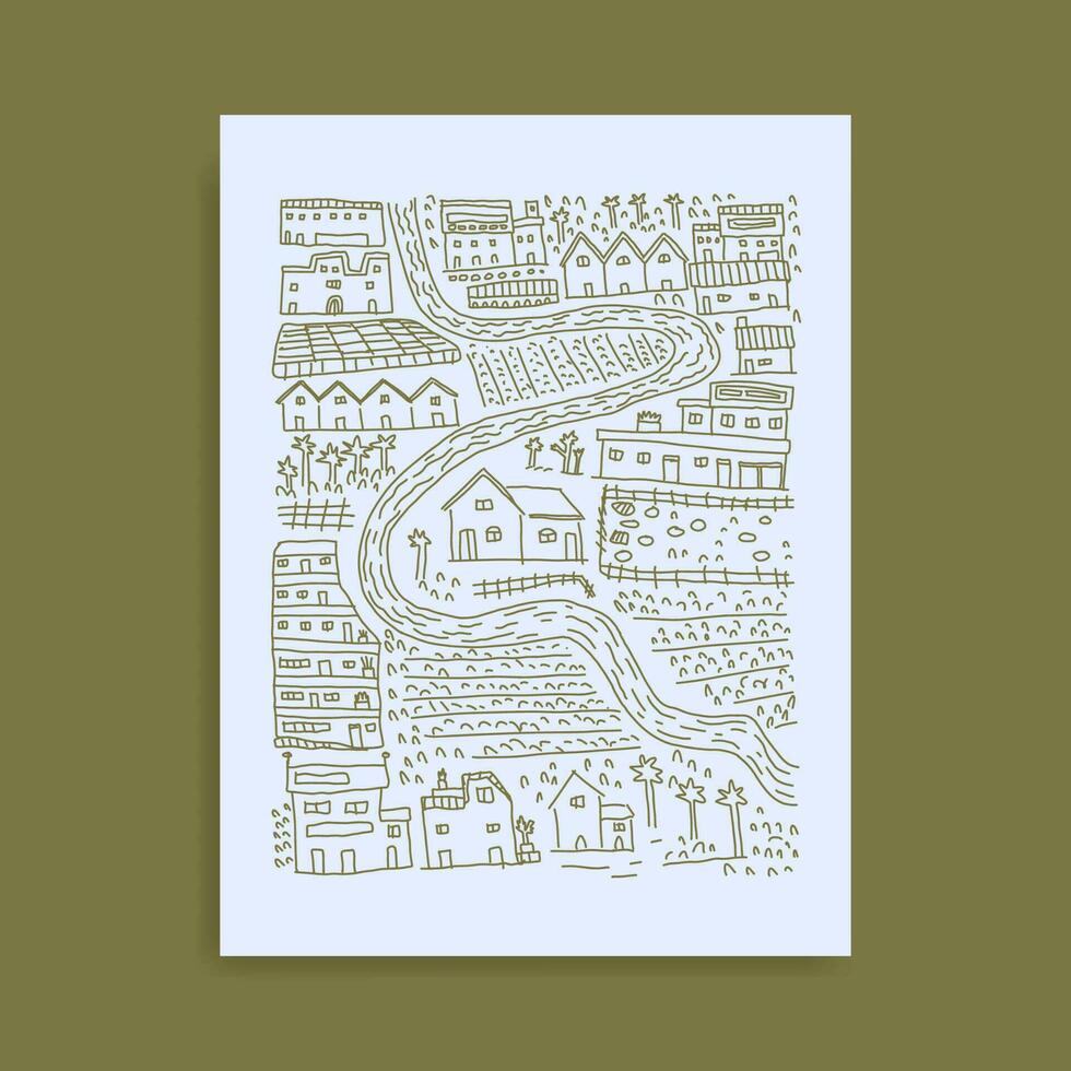 scarabocchio villaggio carta geografica mano disegnato, edificio vettore