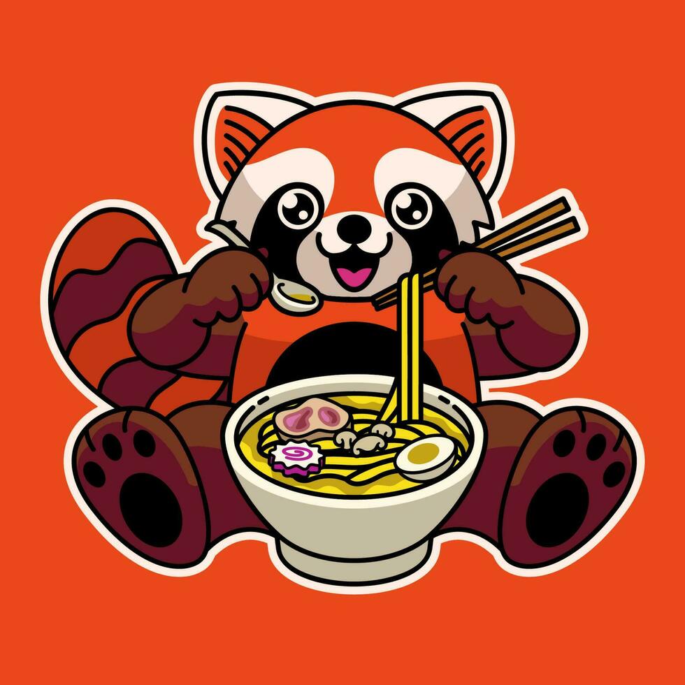 rosso panda carino personaggio mangiare il ramen spaghetto vettore