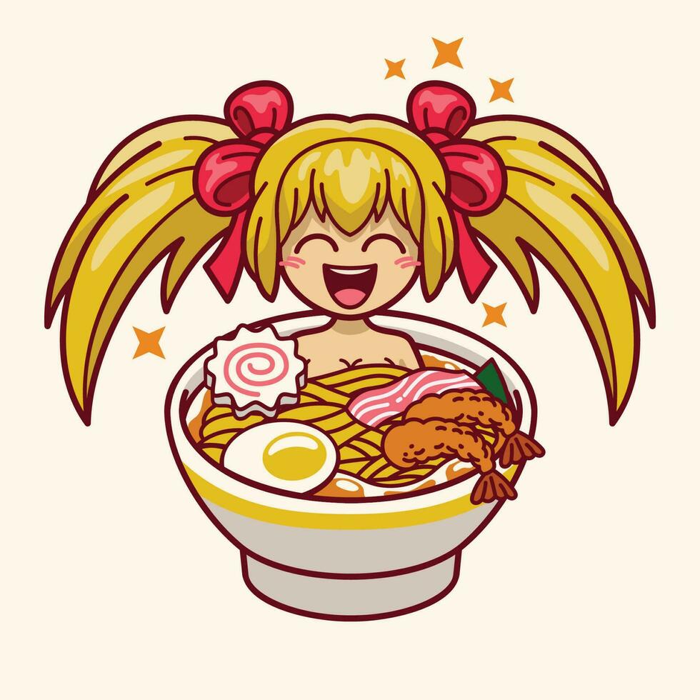 carino chibi ragazza di ramen spaghetto portafortuna vettore