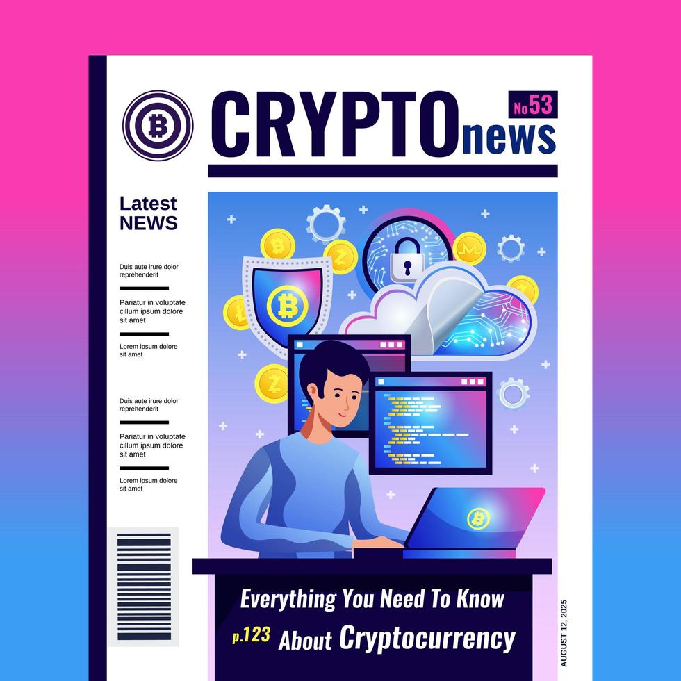 illustrazione vettoriale di copertina di una rivista blockchain di criptovaluta