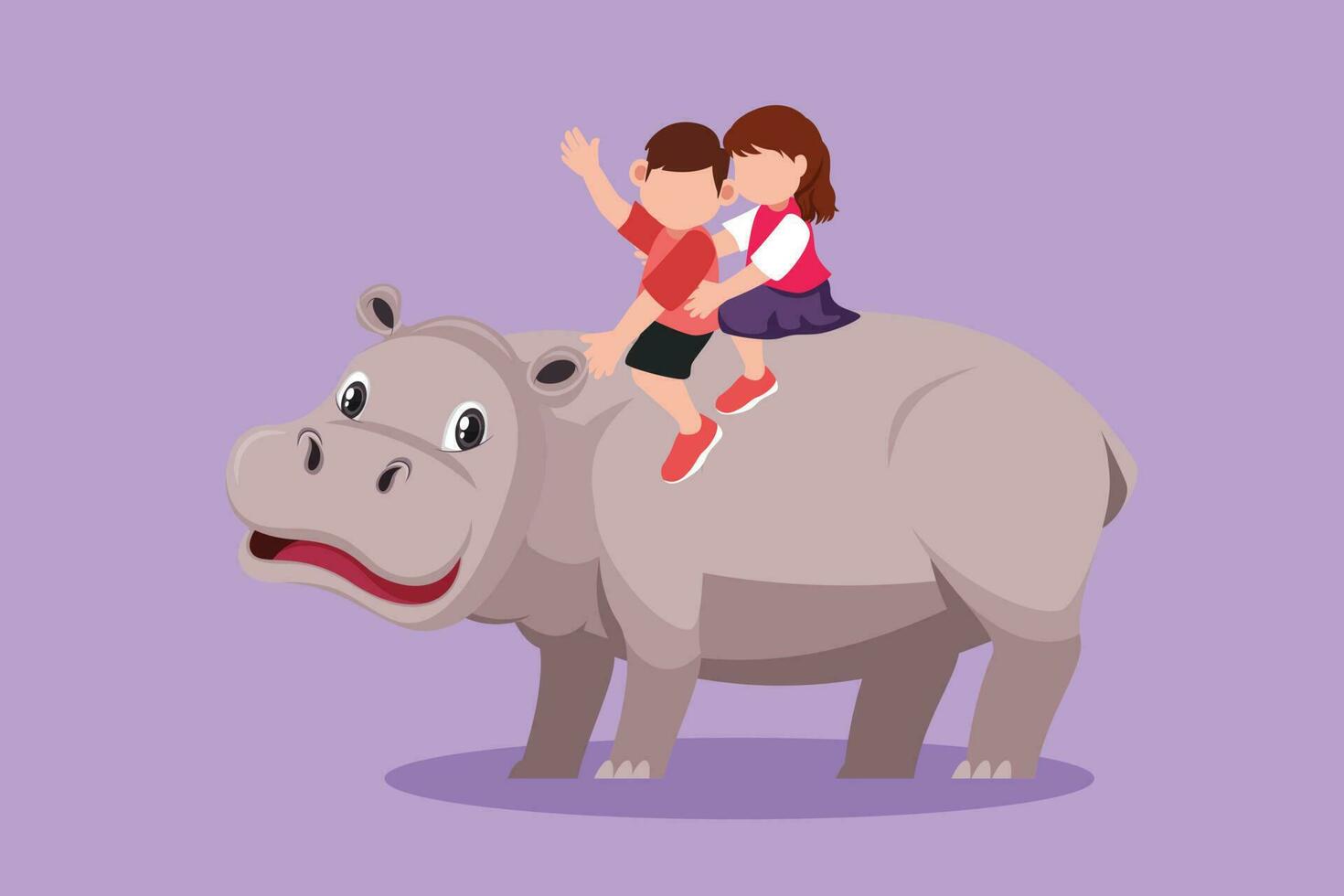 personaggio piatto disegno di contento poco ragazzo e ragazza equitazione ippopotamo insieme. adorabile bambini seduta su indietro ippopotamo nel zoo. bambini apprendimento per cavalcata ippopotamo. cartone animato design vettore illustrazione