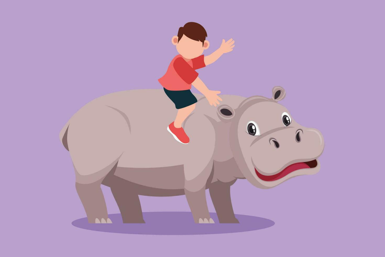 personaggio piatto disegno contento poco ragazzo equitazione ippopotamo a divertimento parco. adorabile bambino seduta su indietro ippopotamo nel zoo. coraggioso bambini apprendimento per cavalcata ippopotamo. cartone animato design vettore illustrazione