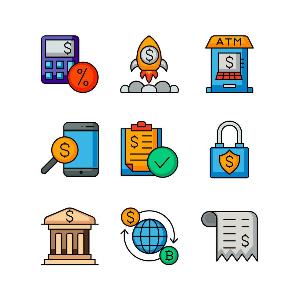 attività commerciale e finanziario icone impostato design. Fintech icona design nel schema colorato icona stile vettore