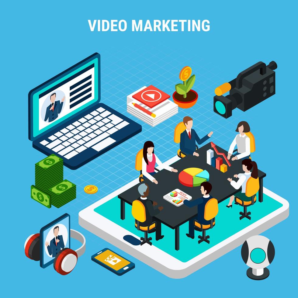 illustrazione vettoriale di composizione isometrica di video marketing