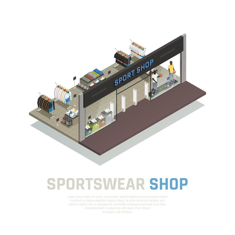illustrazione isometrica di vettore dell & # 39; illustrazione del negozio di abbigliamento sportivo