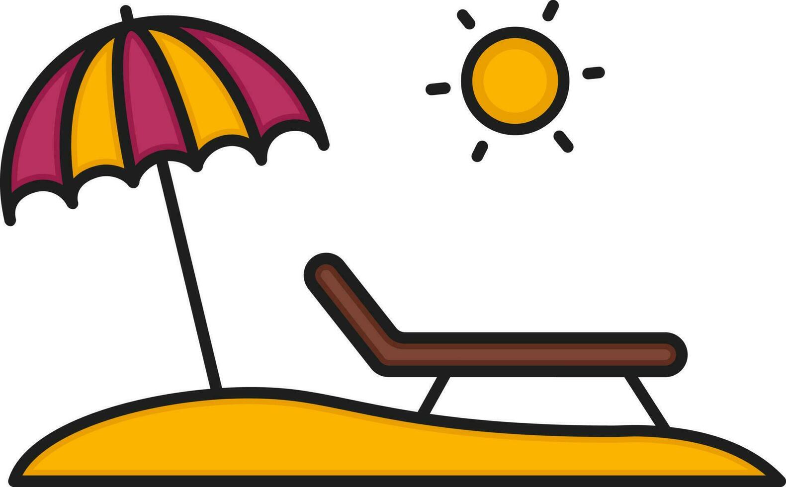 rosa e giallo ombrello con sedia e sole per spiaggia piatto icona. vettore