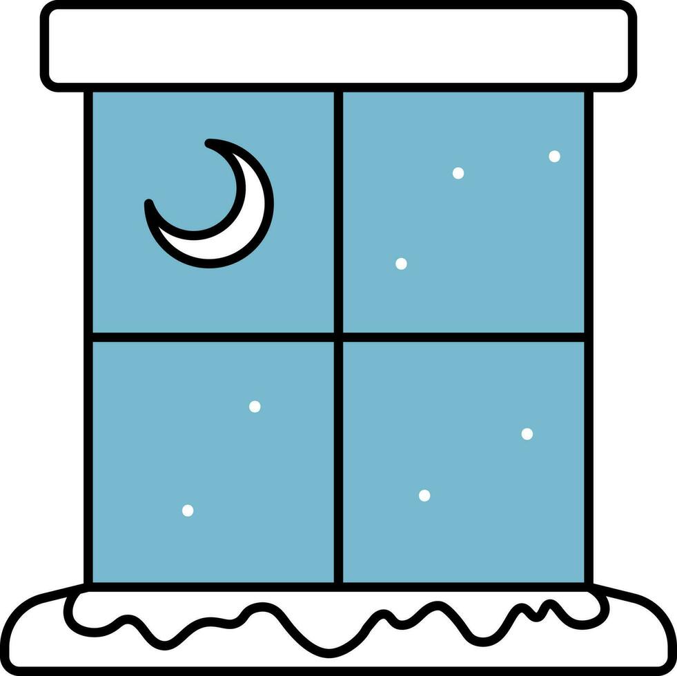 mezzaluna Luna con nevicata finestra icona nel blu e bianca colore. vettore