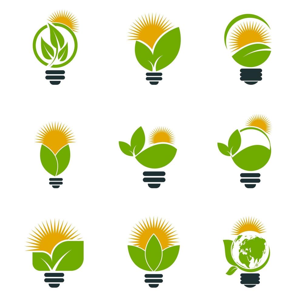 simbolo ecologia lampadina loghi di verde con sole e foglie icona elemento natura su sfondo bianco vettore