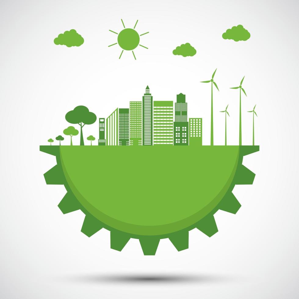 ecologia e concetto ambientale simbolo della terra con foglie verdi intorno alle città aiutano il mondo con idee eco-compatibili vettore