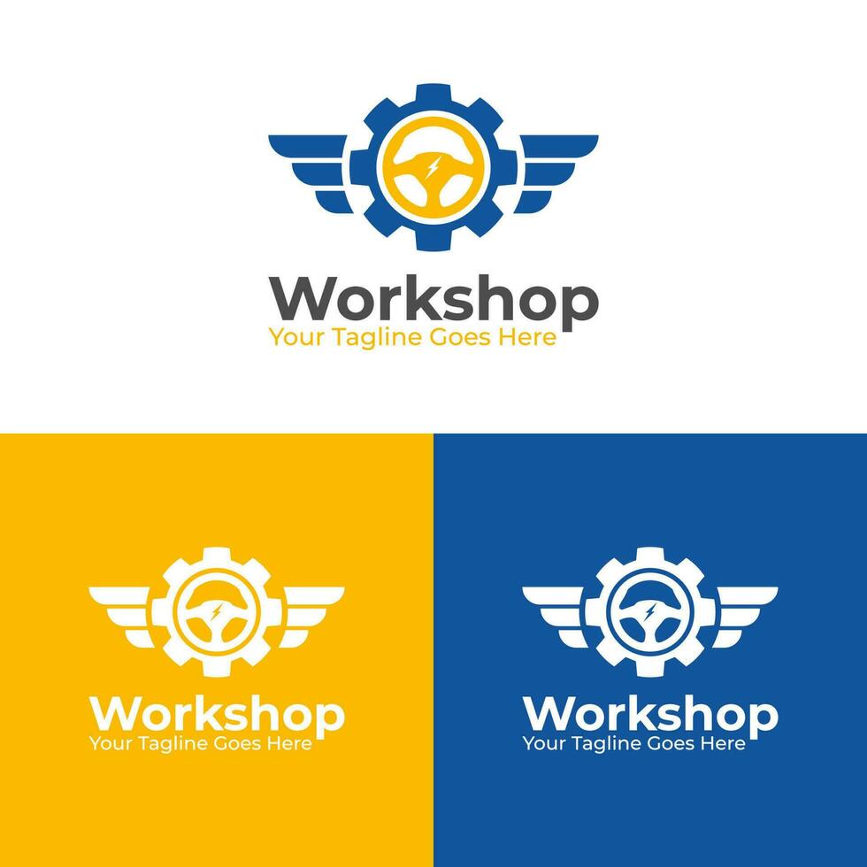 Ingranaggio logo grafico design con Ali e timone ruota dentro. laboratorio logo, motociclo club, logo distintivo vettore