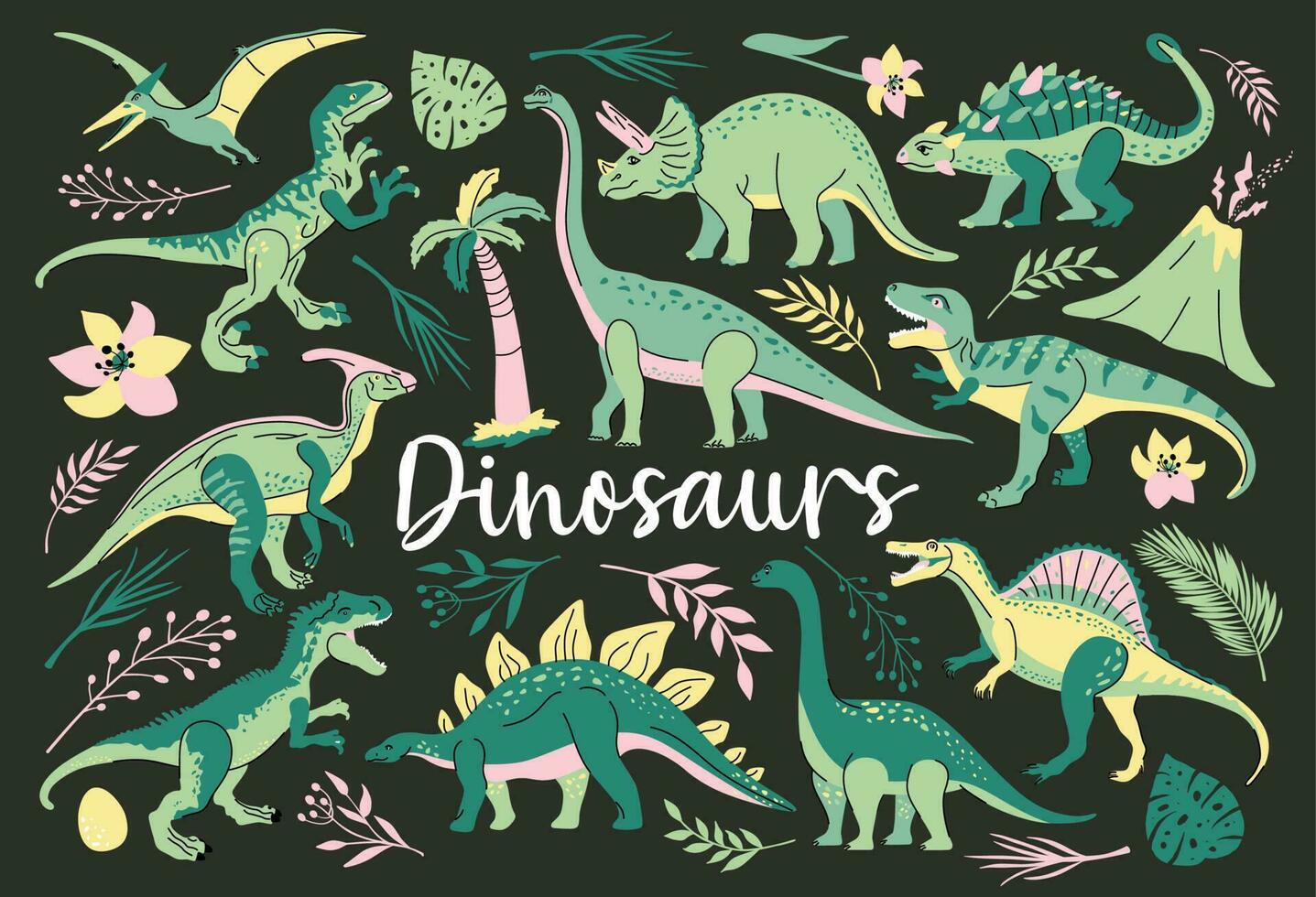 impostato di carino luminosa dinosauri Compreso t-rex, brontosauro, triceratopo, velociraptor, pteranodonte, allosauro, eccetera. isolato su buio con verde impianti tendenza illustrazione per ragazzo vettore
