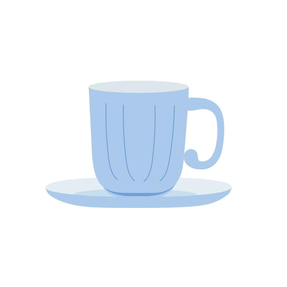 tè tazza con piattino, delicato blu cucina porcellana, prima colazione stoviglie, accogliente casa eco-friendly concetto, mano disegnato vettore illustrazione