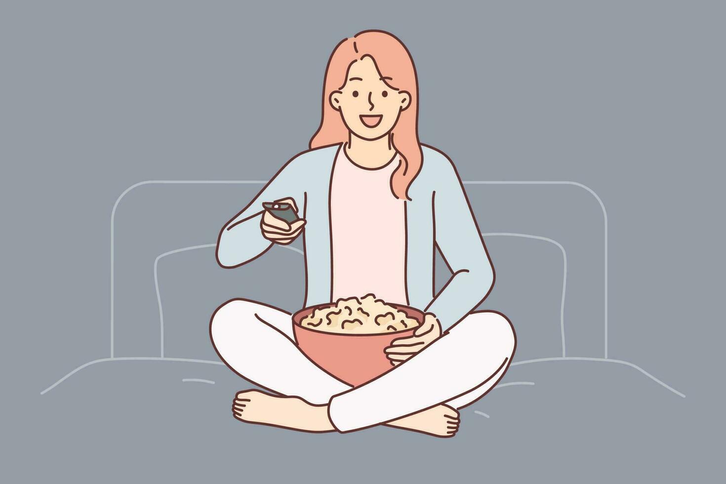 donna con tv a distanza giri su serie seduta su letto nel Camera da letto e detiene tazza di Popcorn. ragazza utilizzando tv a distanza godendo Guardando caratteristica film o sera mostrare su cavo o sputnik televisione vettore