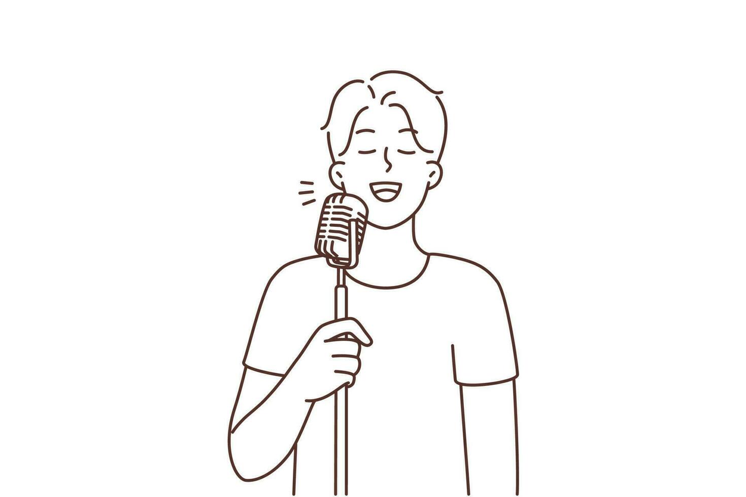 contento giovane uomo cantando nel microfono su palcoscenico. sorridente tipo godere karaoke notte nel club. divertimento e passatempo. vettore illustrazione.