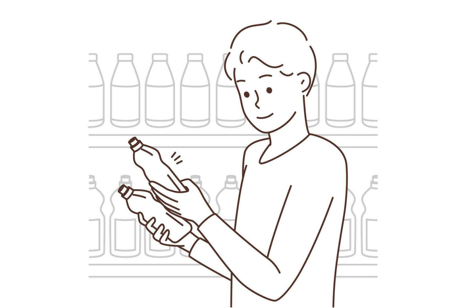 uomo la scelta Prodotto nel supermercato. sorridente maschio cliente confrontare bottiglie acquisto domestico elementi nel negozio. consumismo. vettore illustrazione.