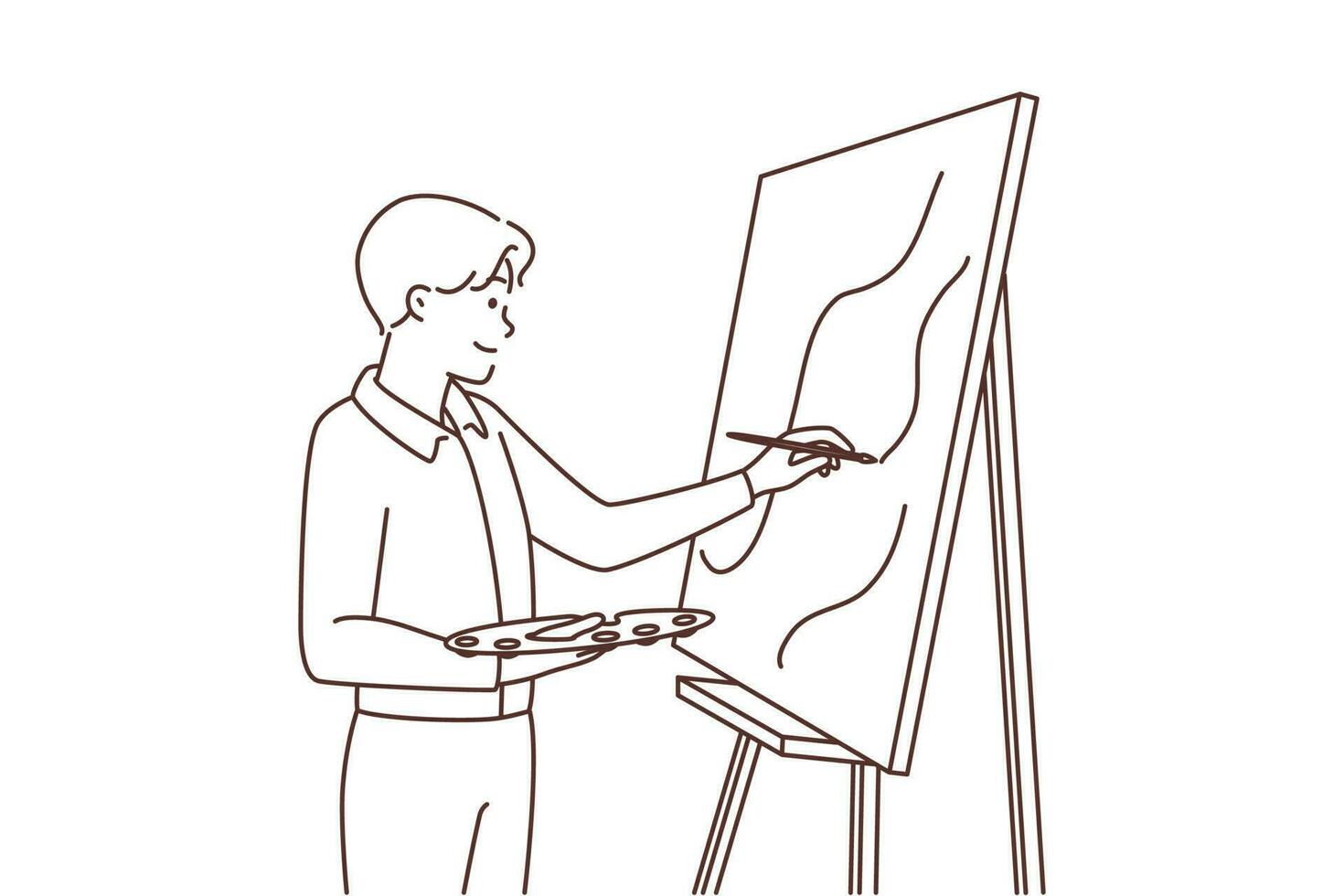 giovane uomo pittura immagine su cavalletto. contento maschio artista godere disegno su bianca tavola. arte e passatempo concetto. vettore illustrazione.